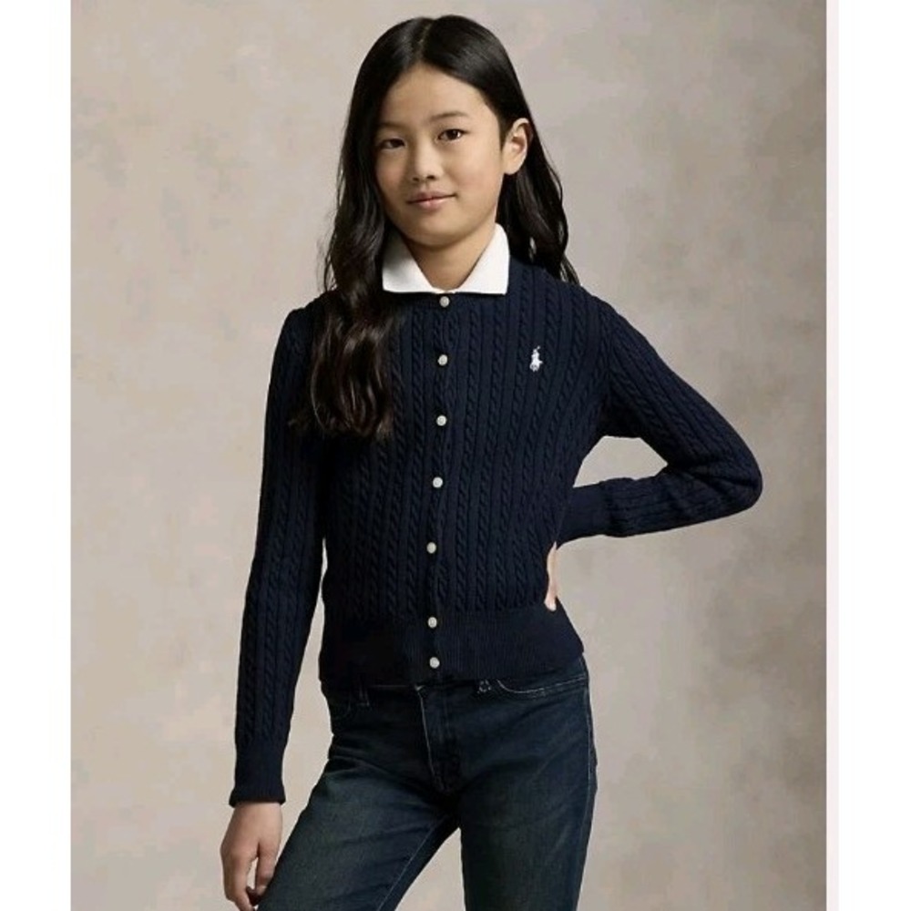 New Ralph Lauren Mini-Cable Cotton Cardigan Sweater Navy Girl L 12-14 Button